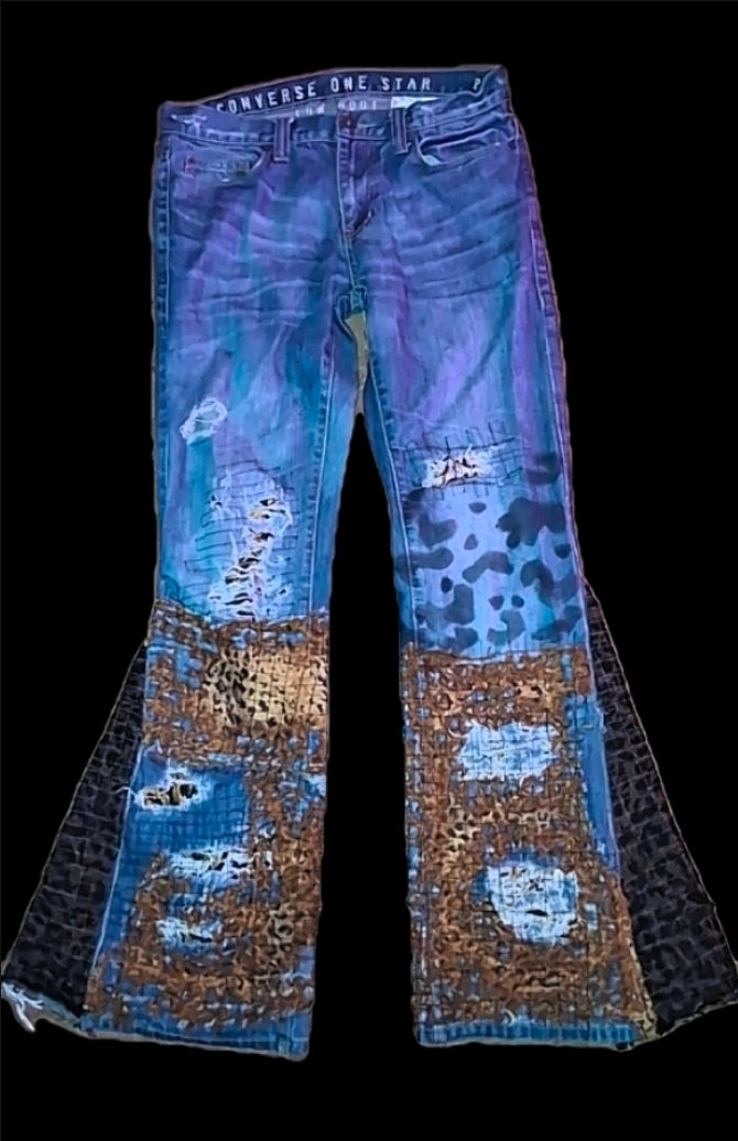 Annagenisi Grid Stitch Boro 1 OF 1 Cheata Print Flares